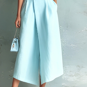Mono casual de verano para mujer, azul claro, de un solo hombro, pierna ancha, sin mangas, cintura natural, estilo <span class=keywords><strong>culotte</strong></span> - Product Image 5