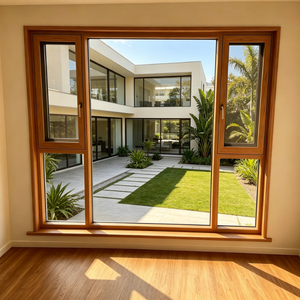 Fenêtre oscillo-battante à finition imitation bois, cadre en aluminium double vitrage, poignée or brossé, vue sur jardin et terrasse - Product Image 3