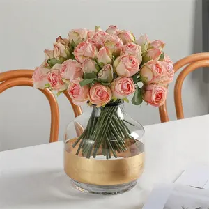 High Quality 10 Heads Artificial Silk White Pink Rose Bridal Bouquet Flower For Wedding Decorative Party Home Centerpiece