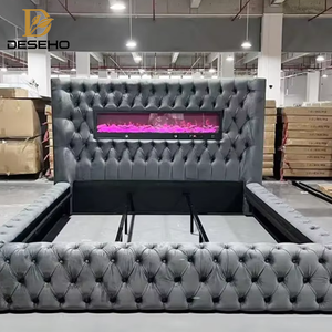 Giường ngủ hiện đại bọc vải nhung với đầu giường kiểu lò sưởi, thiết kế đương đại - Product Image 3