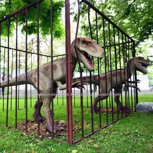 Динозавр, Парк приключений, аниматронный динозавр в клетке, велоцираптор, динозавр