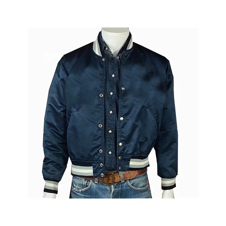 Oem Custom Winter Color 80s Retro Fashion Satin Starter Ribbed Elastic Cuff Varsity Jacket For Men