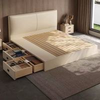 Lit double moderne en métal avec tête de lit rembourrée en cuir véritable, cadre de lit moelleux, grand lit avec rangement à tiroirs