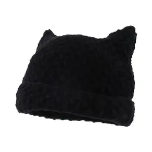 Women Custom Striped Beanie Hat Y2K Winter Warm Cap Cute Cat Ears Knitted Hat Fall Beanies