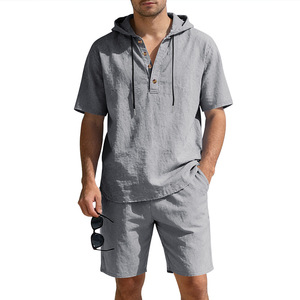 <span class=keywords><strong>Ensemble</strong></span> d'été en lin style américain pour <span class=keywords><strong>homme</strong></span> - <span class=keywords><strong>Chemise</strong></span> décontractée à capuche à manches courtes <span class=keywords><strong>et</strong></span> <span class=keywords><strong>short</strong></span> de plage personnalisable - Product Image 5