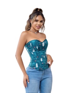Sexy Santa trang phục Bustier hàng đầu cho phụ nữ kỳ nghỉ Xmas santacon tuyết in màu xanh lá cây sâu V Corset với zip - Product Image 3