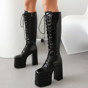 Large Size 46 Wide Fit Triple Layers Platform Knee High <b>Boots</b> Women Lace up Patent Chunky Heels Shoes Fancy Long Booties - Product Image 1