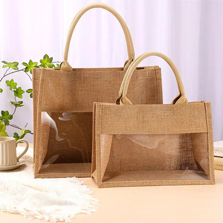 Grosir tas belanja rami kualitas tinggi kustom tas rami kosong dengan jendela bening ramah lingkungan tas jinjing goni