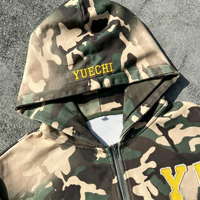 Sweat à capuche zippé court en coton épais 400 g/m² brodé, motif camouflage, délavé à l'acide, effet vieilli, pour homme, style vintage