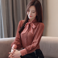 Chemise à manches lanternes tendance pour femmes, automne-printemps, col à nœud, boutonnage simple, chemises de travail de bureau, chemises à carreaux vintage