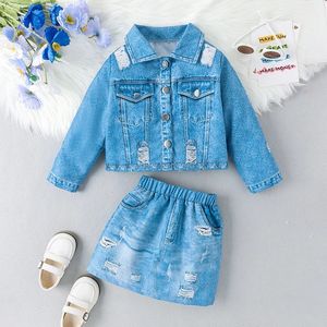 2024 autunno caldo Design per bambini e ragazze set di vestiti a manica lunga 4-7Y cappotto in Denim blu gonna strappata tuta per bambini - Product Image 2
