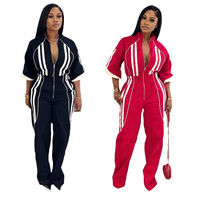 Combinaison à fermeture éclair longue à col montant Lady Devin Stripe Zip up Sport Jumpsuit