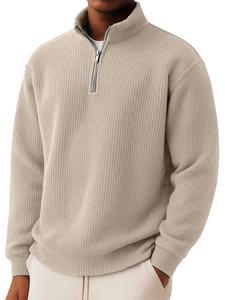 Men's Waffle 1/4Zip <strong>Neck</strong> Pullover <strong>Jumper</strong> Pure Color Simple Long Sleeve Zip Mock <strong>Neck</strong> Knitwear Men <strong>Polo</strong> Shirt Oversized Pullover - Product Image 5