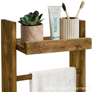 Étagère de salle de bain en bois massif, murale, rectangulaire, pour articles de soins personnels - Product Image 4