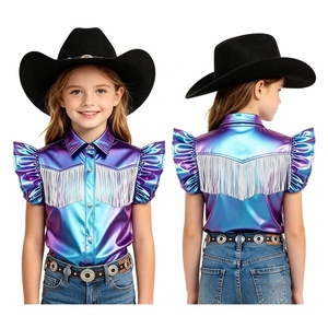 Camisa vaquera metálica para niñas con volantes en las mangas y garfio con flecos, tops para baile country, camisa de rodeo para niños, para actuaciones - Product Image 2