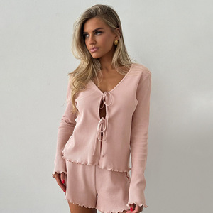 Cross-border European and American 2024 Summer Sexy Cardigan Knitted Long-sleeved Shorts Women's Homewear Soft and Breathable - Product Image 3