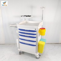 Chariot d'urgence médical hospitalier multicolore à 5 tiroirs, en plastique durable et léger, chariot de soins infirmiers, boîte à objets tranchants 3L, poteau IV, USI