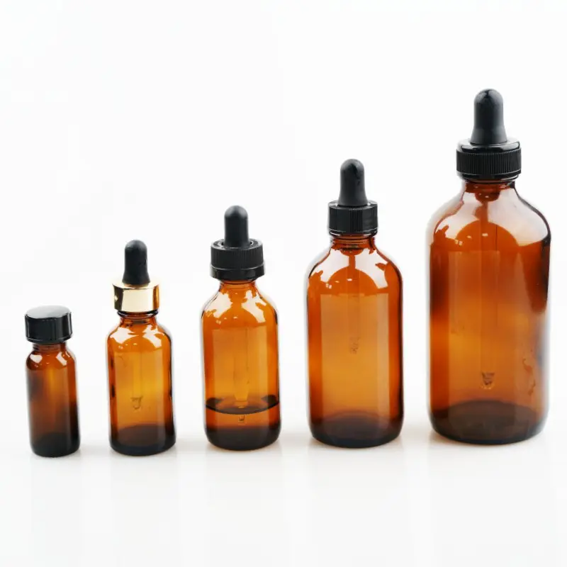 4 Oz 1 Oz 2oz 4oz 15ml 30 Ml 60ml 120 Ml Boston Round Bottles Amber with Dropper for Essential Oil Glass Cosmetic Size Screw Cap