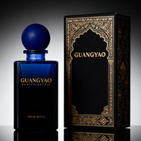 Flacon de parfum en verre bleu de luxe, design carré vide, 50 ml, 100 ml, avec couvercle en bois et emballage en boîte