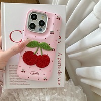 Étui de téléphone portable en peluche broderie cerise pour iphone 13 Pro max étui 15 étui de protection en cuir accessoires mobiles 2024