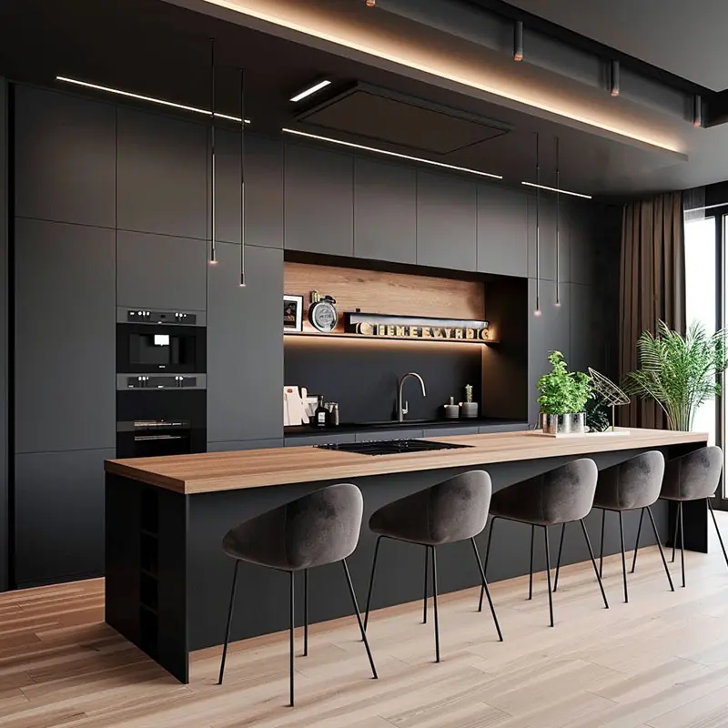 Juego de armario de cocina de diseño moderno personalizado de lujo, muebles de cocina de madera laca negra