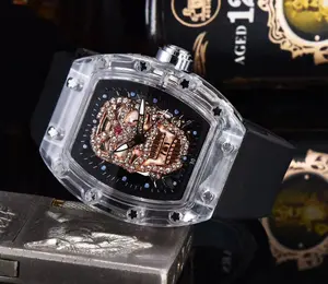 Men's Watches Inlaid Diamond Chronograph Male Hollow Skull Strap Richard Sport Multi-function Silicone Glass Alloy Square Analog