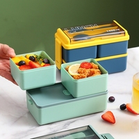 Boîte à lunch en plastique à double couche de grande capacité de 1400 ml avec couverts, bureau, école, portable, petit-déjeuner, pique-nique