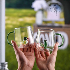 Gobelet à eau en verre 3D créatif en forme de cactus, transparent avec poignée verte, pour jus, lait, fêtes, unisexe - Product Image 4