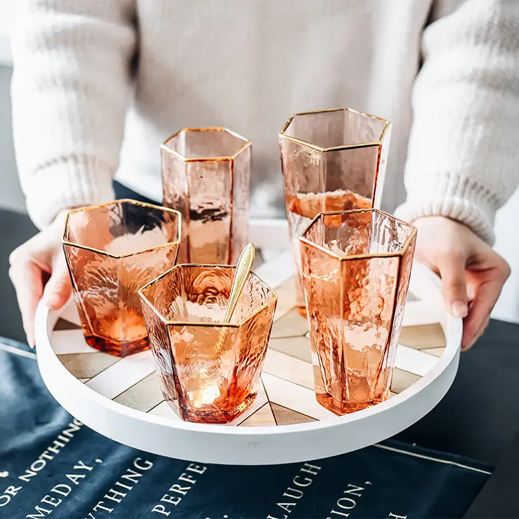 Yüksek kalite yeni tasarım şampanya altın jant içecek bardağı takım kristal şeffaf cam