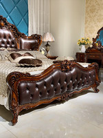 Lit de chambre vintage sculpté en bois massif de chêne avec surface en cuir véritable de style européen luxueux BTLB054 pour la maison ou l'hôtel