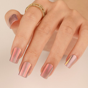 Ongles Courts Carrés Effet Miroir Rose Aurore Chromé, <span class=keywords><strong>Faux</strong></span> Ongles Holographiques Scintillants Nude, Design pour Doigts, Matériau PMMA, Couverture Complète - Product Image 1