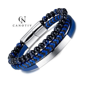 Bracelet en cuir véritable tressé pour homme, nouveau bijoux fait à la main, perles en pierre naturelle, vente en gros, - Product Image 1