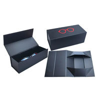 Boîte à lunettes magnétique pliable noire avec logo rouge pour lunettes, emballage rigide et plat pour le rangement des lunettes