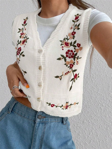<strong>Women</strong> Floral Embroidered Knit Vest Cropped Button Down V Neck Vintage <strong>Sleeveless</strong> <strong>Cardigan</strong> - Product Image 5