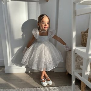 MQATZ abiti alla moda per bambine fiore principessa <span class=keywords><strong>abbigliamento</strong></span> per bambine formale stile solido Performance di nozze colore bianco L6022 - Product Image 1