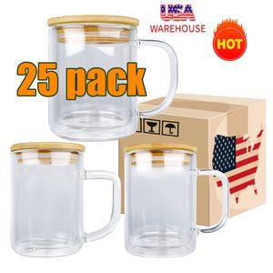 25 Pack 15oz Blank Sublimation Snow Globe Glitter Flow <b>Double</b> <b>Walled</b> Glass <b>Mugs</b> with Bamboo Lid and Straw - Product Image 1
