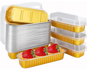 200ml Gold Rectangular Bread Tray Disposable Cake Packaging Foil Container Aluminium Foil Baking Loaf Bread <b>Pans</b> With Clear <b>Lid</b> - Product Image 1