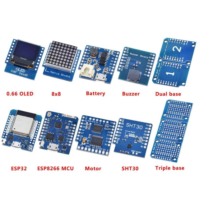 Esp8266 D1 Mini Pro Wifi Nodemcu Data Logger Shield Ds1307 Battery 0.66 Oled Dc Power Buzzer V1.0.0 Dual Base For Wemos Diy Kit