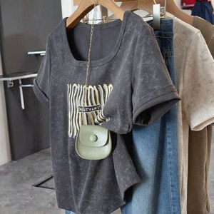 Camiseta de Verano para Mujer, Talla Grande, Informal, Transpirable, Ajustada, Holgada, Cuello Cuadrado, Manga Corta, Spandex/Poliéster, Antiencogimiento - Product Image 3