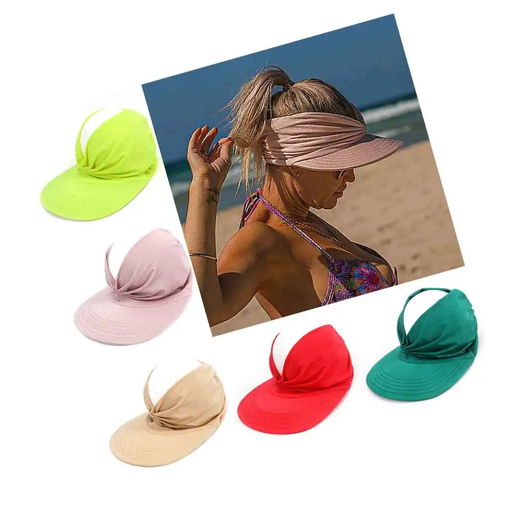 Topi Matahari Ponytail Wanita Dewasa, Musim Panas Pantai Berenang Luar Ruangan Olahraga Kosong Atas Polos Elastis Fleksibel Perlindungan UV