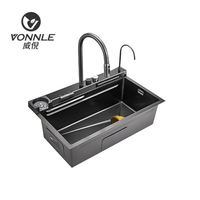 Évier de cuisine intelligent multifonctionnel moderne noir en acier à cuve unique avec cascade et affichage, anti-rayures, pour cuisine et salle de bain