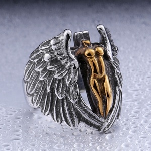 Angel <b>Ring</b> Punk Jewelry Hot Sell High Quality <b>Titanium</b> Steel Men's Headless Feather Angel Wings Cross <b>Ring</b> - Product Image 5