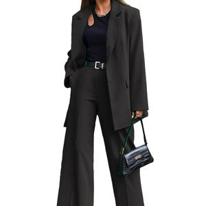 レディースファッション2ピースセットソリッドカラー長袖ターンカラージャケットレジャー用レディーススーツ秋用 - Product Image 5