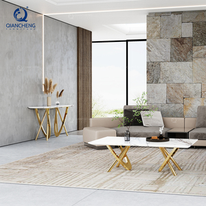 Tavolo Console Moderno in Ferro Dorato con Supporto Curvo, Lussuoso Tavolo Consul in Marmo Travertino Grigio Scuro con Finitura Laser - Product Image 3