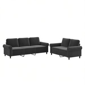 Juego de Sofás de Terciopelo Gris Oscuro, 100% Poliéster, Estilo Chesterfield para Sala de Estar, Patas de Metal, Respaldo Acolchado - Product Image 1