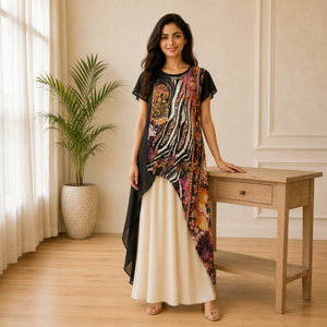 Nouvelle arrivée Robe longue à manches courtes à col rond imprimée multicolore noire pour femmes, double couche, de haute qualité, vêtements décontractés - Product Image 1