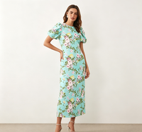 Nouvelle Robe Midi Florale Femme 2026 Bleu Clair Manches Courtes Col Rond Taille Haute Élégante Robe de Soirée Coupe Ajustée Décontractée pour Dames