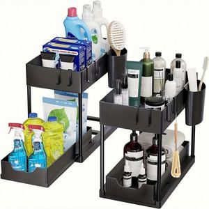 Kitchen Bathroom Under Sliding Cabinet Basket Organizer 2 Tier Under Sink Organizer With Hooks Hanging Cup and Chopstick Holders - Product Image 1
