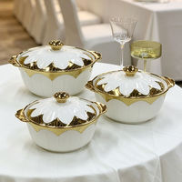 Soupière en porcelaine de luxe avec bordure dorée et décor en relief, avec couvercle, pour hôtel, restaurant, buffet, traiteur, banquet, service de table