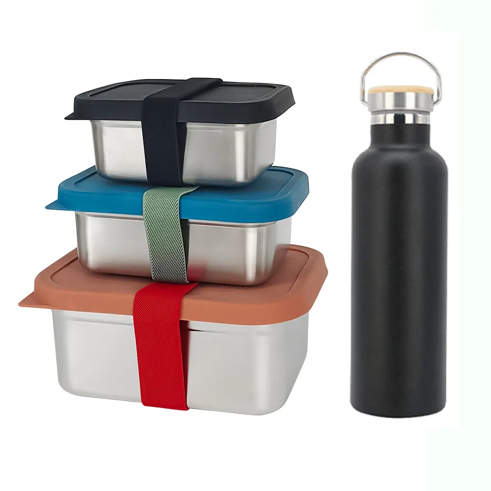 Lihong caixa de aço inoxidável personalizada, logotipo personalizada, recipiente de armazenamento de comida metálica com tampa de silicone, caixa de almoço para crianças